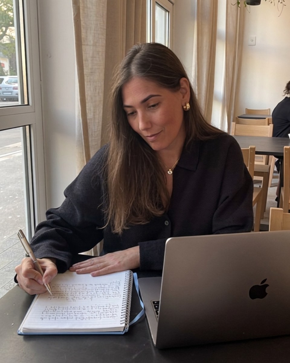 טל אקרלינג כותבת תוכנית עבודה ליד המחשב